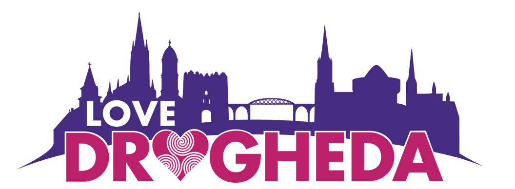 Graphic of Drogheda city skyline silhouette in purple above bold text 'LOVE DROGHEDA' with a heart design replacing the letter 'O' in Drogheda.