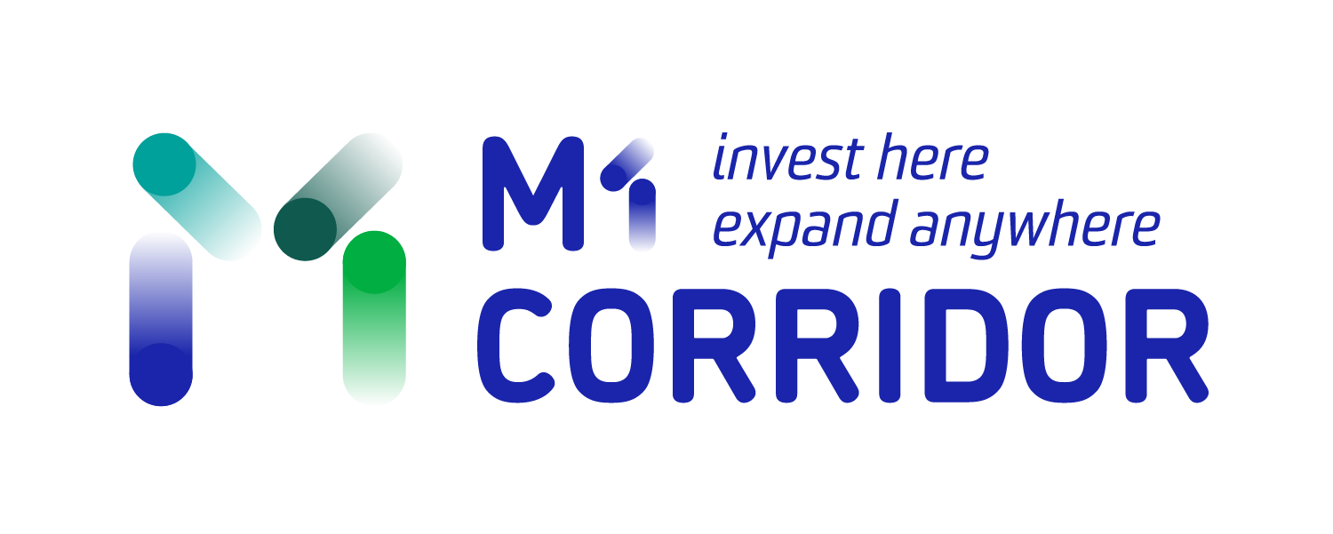 M1 Corridor logo with graphic symbol and tagline 'invest here expand anywhere'.