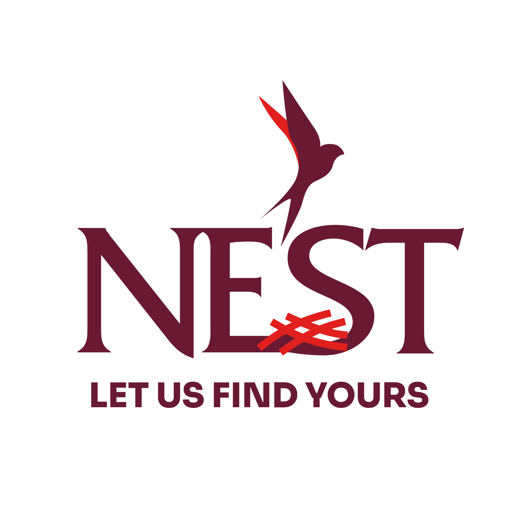 Logo with the word 'NEST' in dark red serif font, featuring a stylized bird with red wings perched above the letter 'S' which has a red nest formed by curved lines, and the tagline 'LET US FIND YOURS' below in bold capital letters.