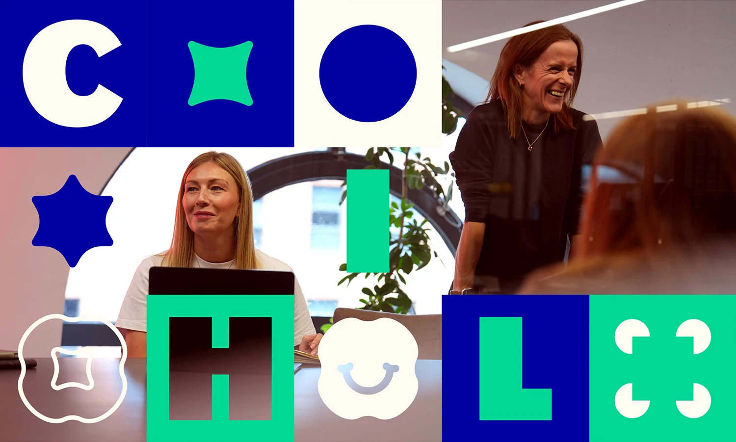 Two women in an office, one smiling while standing and the other sitting behind a laptop, with colorful geometric shapes overlaid.