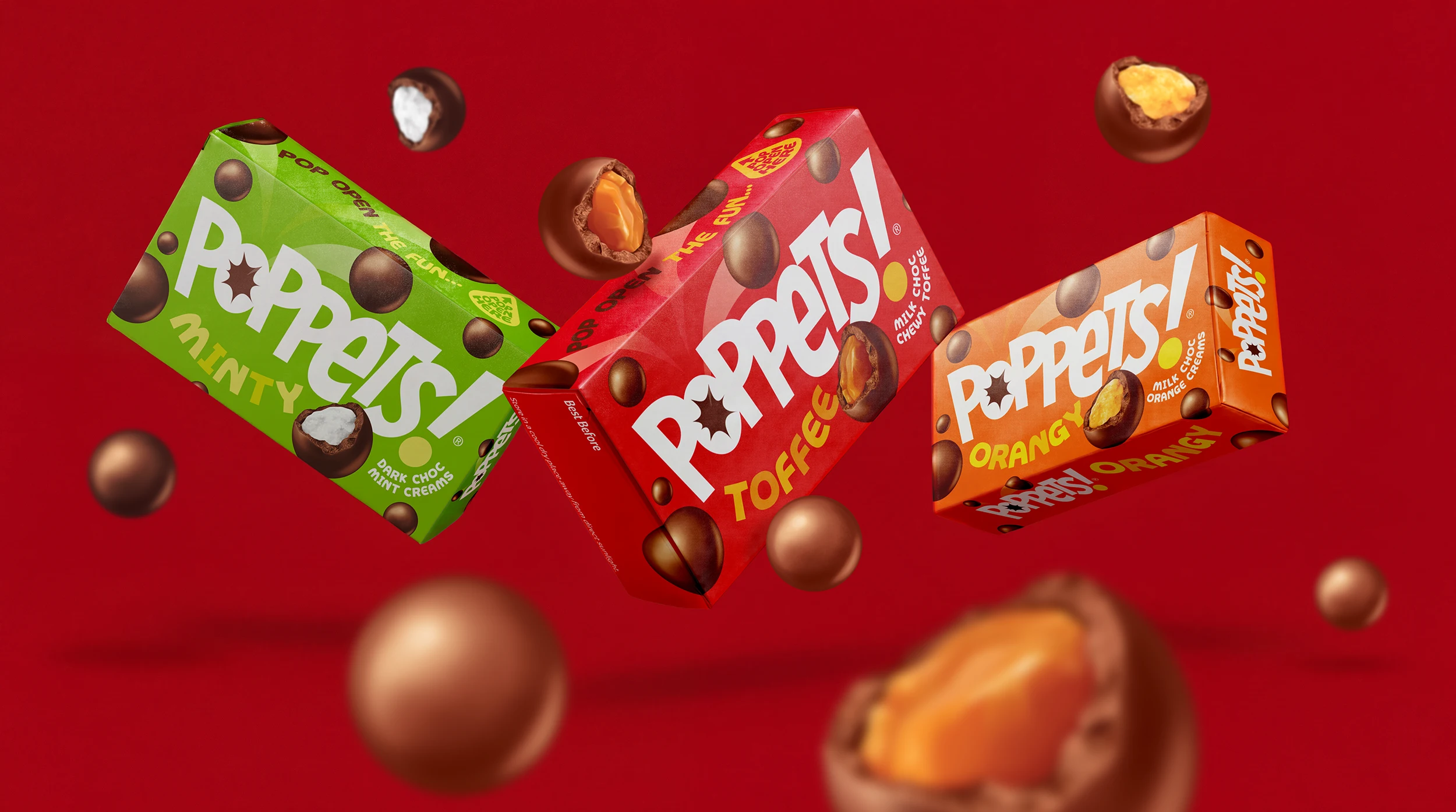 Dynamic packaging design and brand identity refresh for Poppets!, featuring a high-energy "floating" composition of the Minty, Toffee, and Orangy boxes. The vibrant, colour-coded packs are surrounded by individual chocolate spheres and detailed product cross-sections, showcasing the creamy and chewy centres against a bold, high-impact red background.