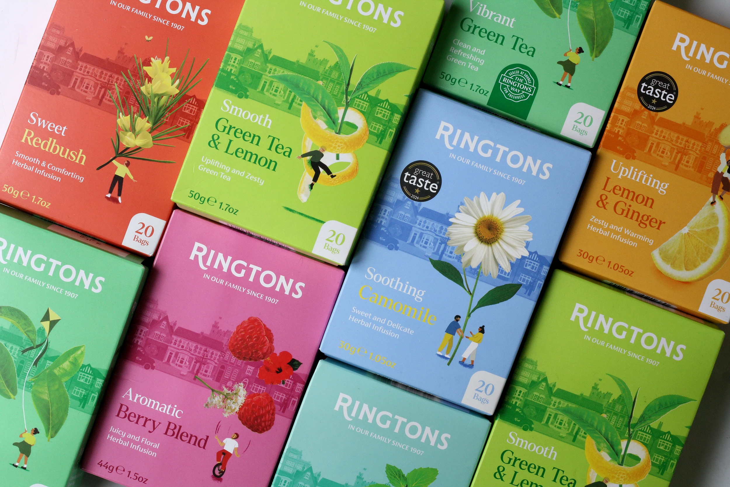 Heritage-driven tea box designs for Ringtons, featuring a refreshed colour palette and elegant floral motifs that modernise the historic Newcastle brand for today’s market.