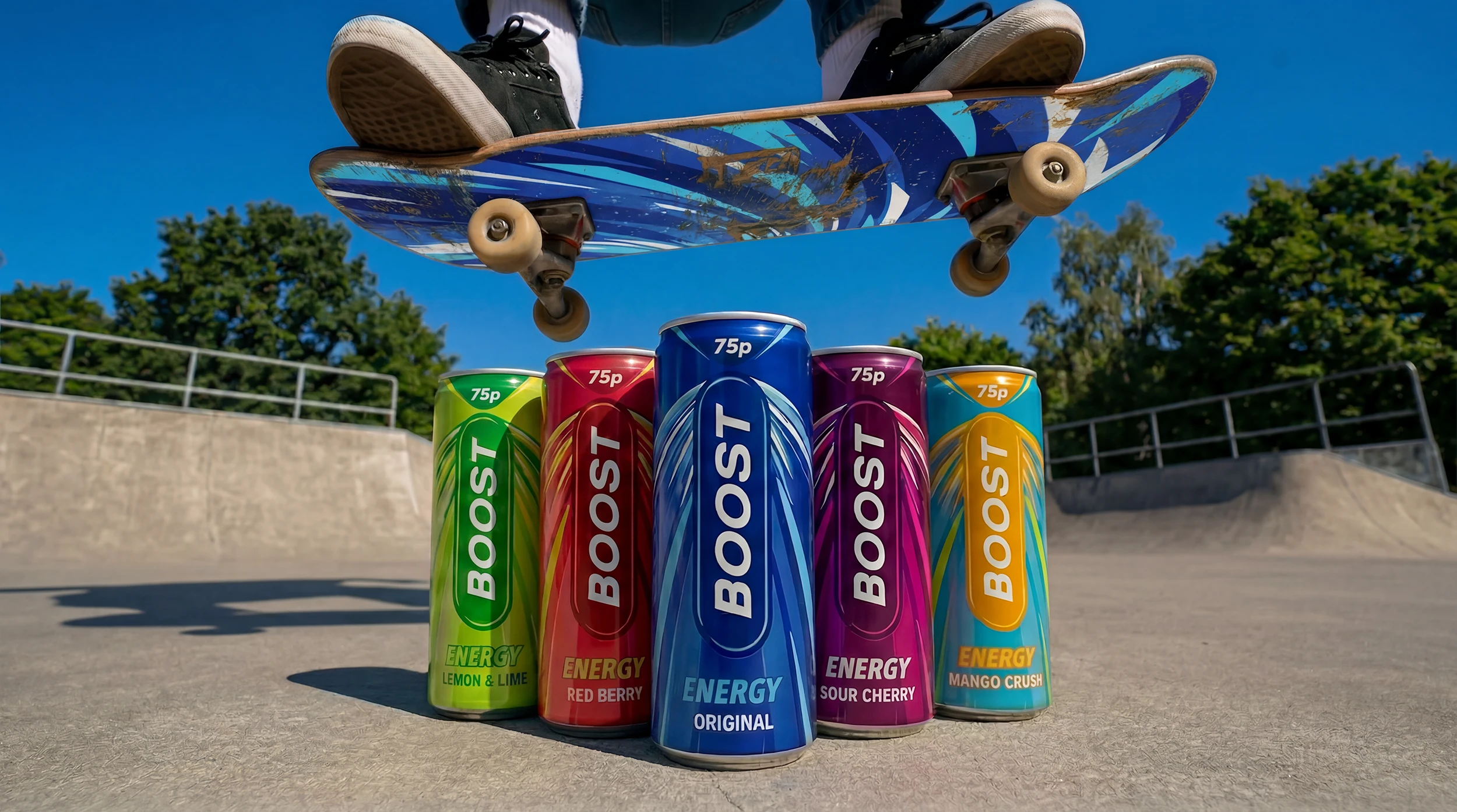 Vibrant, high-energy can designs for the Boost Juic’d energy drink range, featuring a "burst" logo and bold, fruit-inspired gradients to appeal to a younger, active audience.