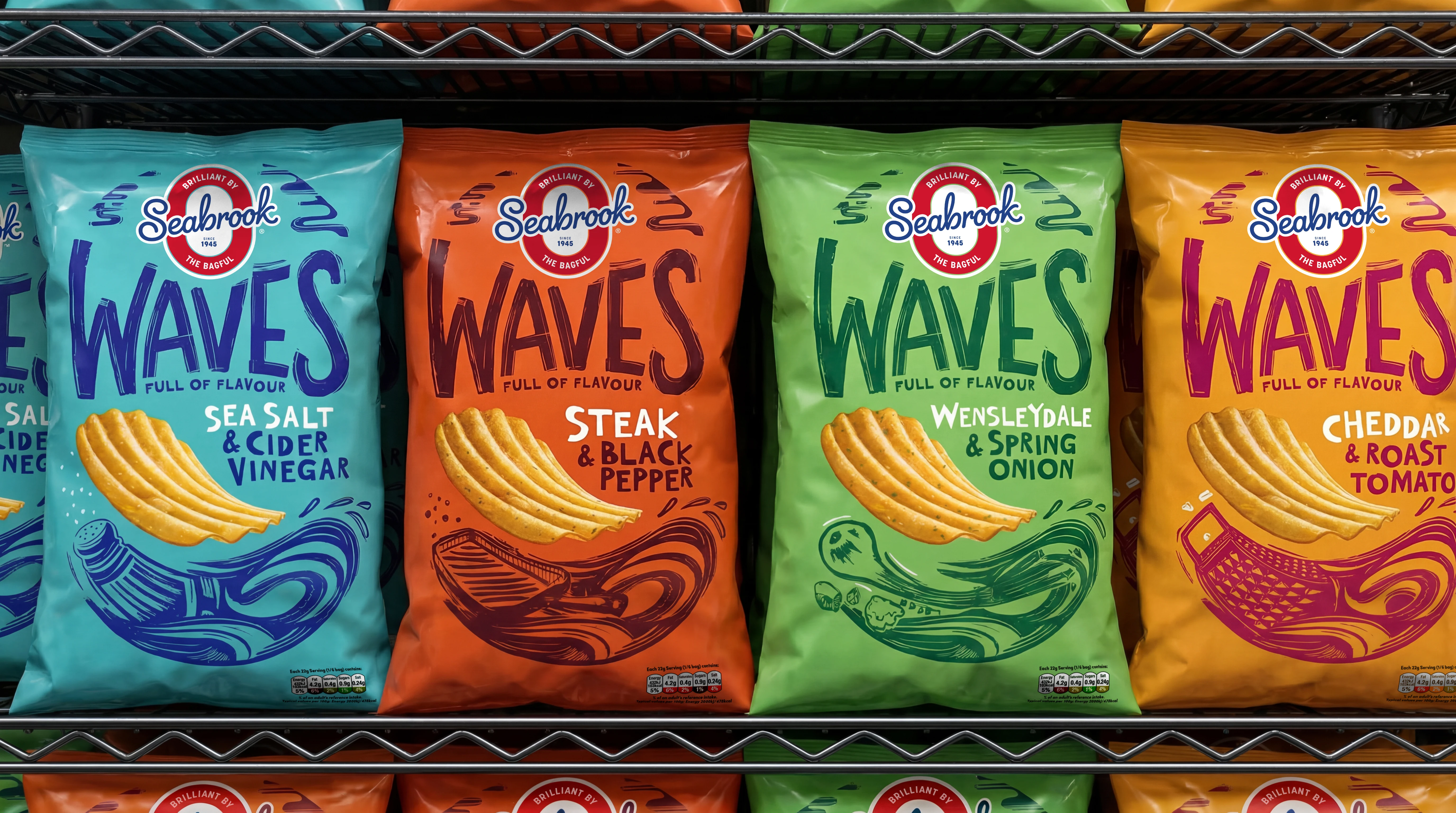 High-impact, shelf-ready packaging for Seabrook Waves crinkle-cut crisps, using a color-coded system and bold, wavy graphics to represent different flavor profiles.
