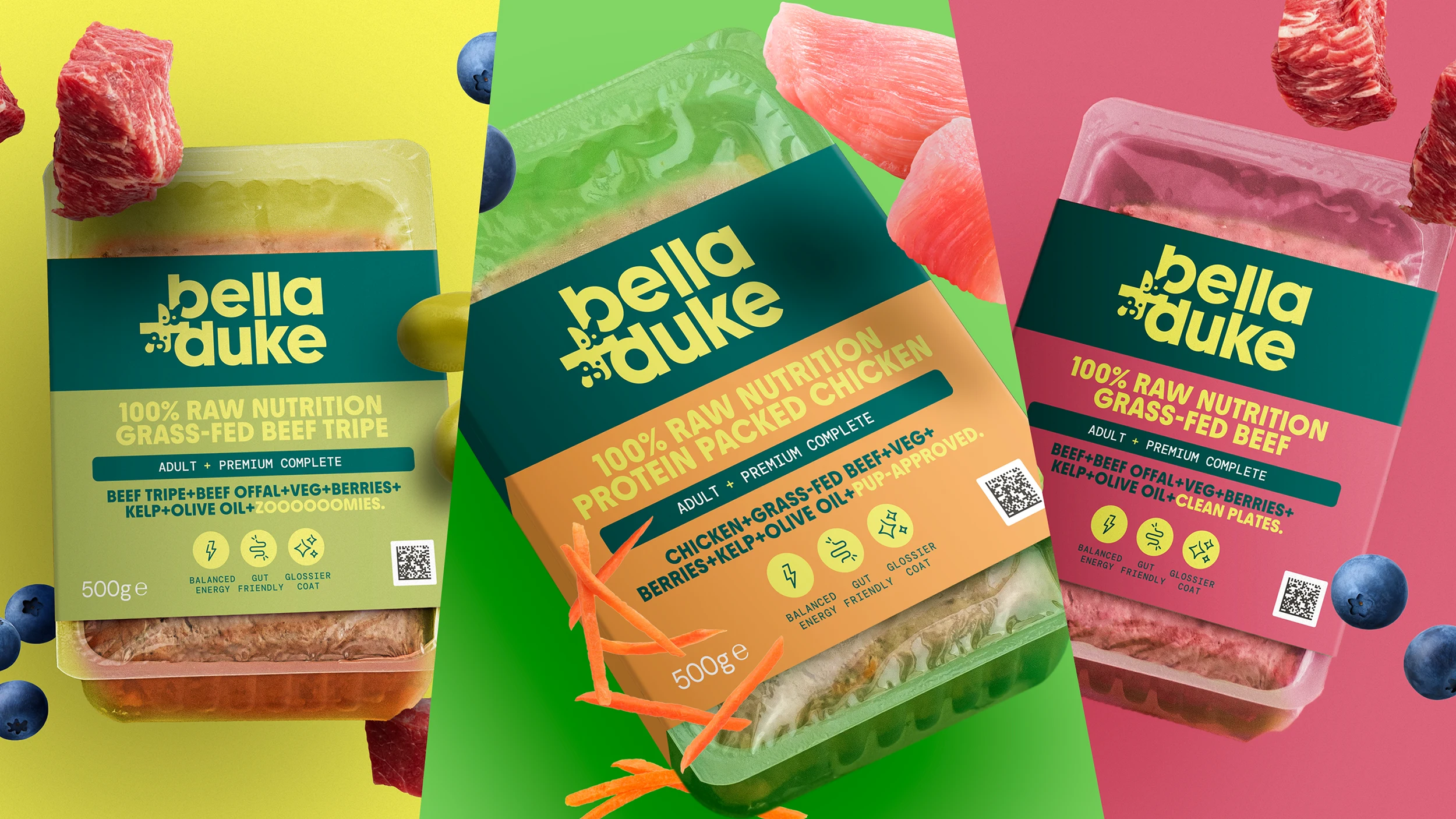 A closer look at the Bella & Duke visual identity, highlighting the clean typography and ingredient-focused imagery that communicates the nutritional value of raw feeding.