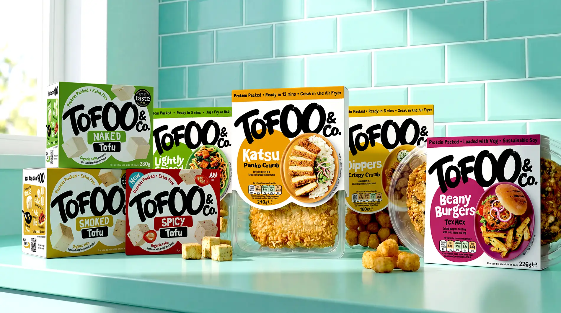 Bold, minimalist packaging for The Tofoo Co. range, showcasing the brand’s signature chunky typography and vibrant accent colors (white, yellow, and red) on a modern kitchen backdrop.