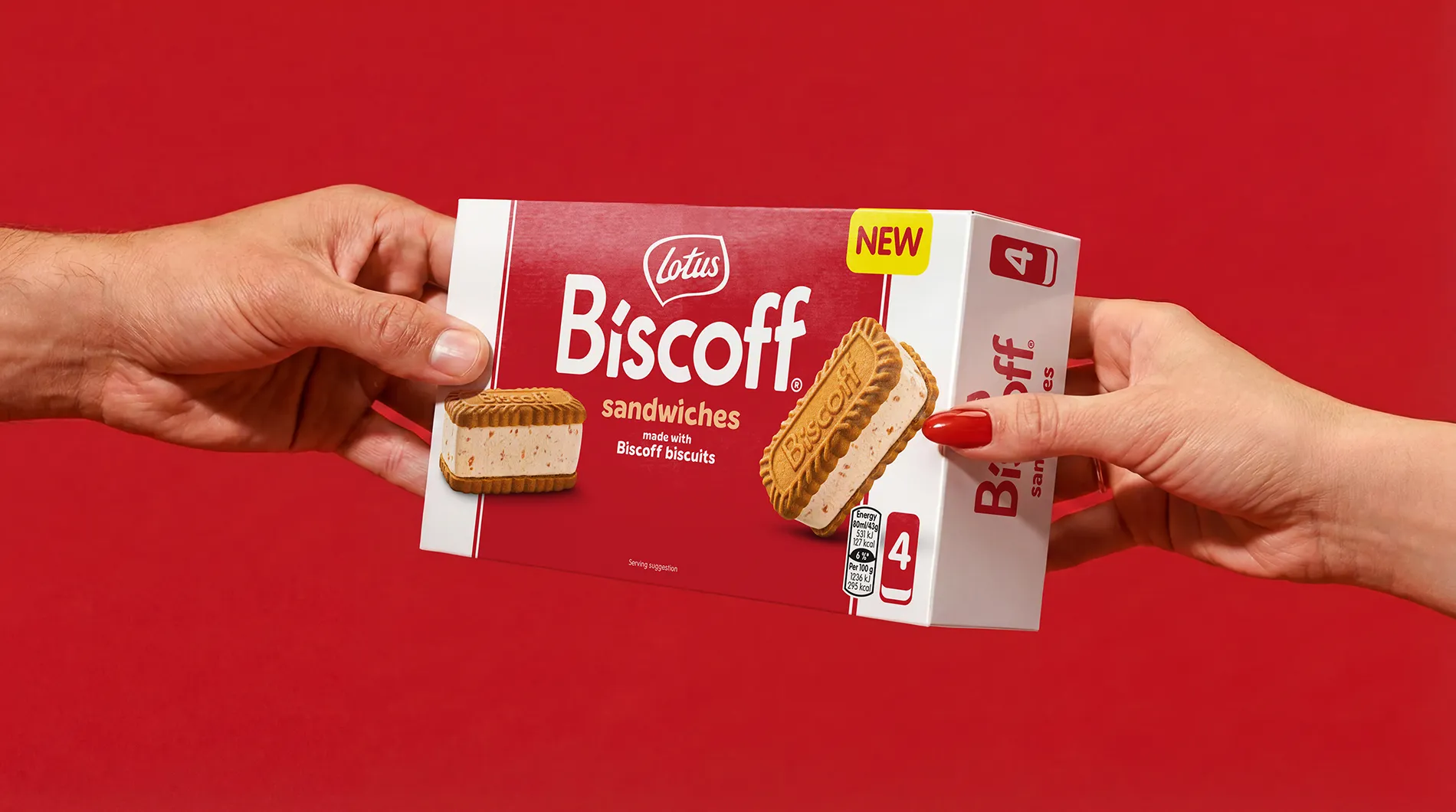 Eye-catching ice cream sandwich packaging for Lotus Biscoff, prominently featuring the iconic red brand logo and a "pull-tab" style reveal of the product inside.