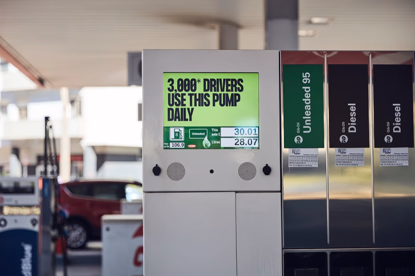 Digital LED advertising screen at a Gibraltar petrol station