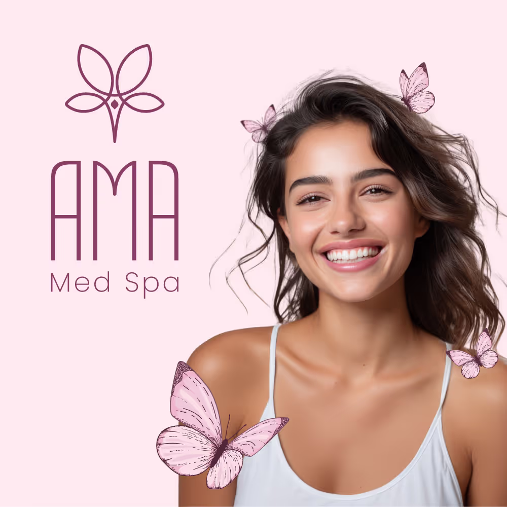 A young, smiling woman with long, dark curly hair and butterflies in her hair. The woman is wearing a white tank top and has a cheerful, welcoming expression on her face. In the background, there is the Ama Med Spa logo, which features a stylized butterfly design in a purple color.