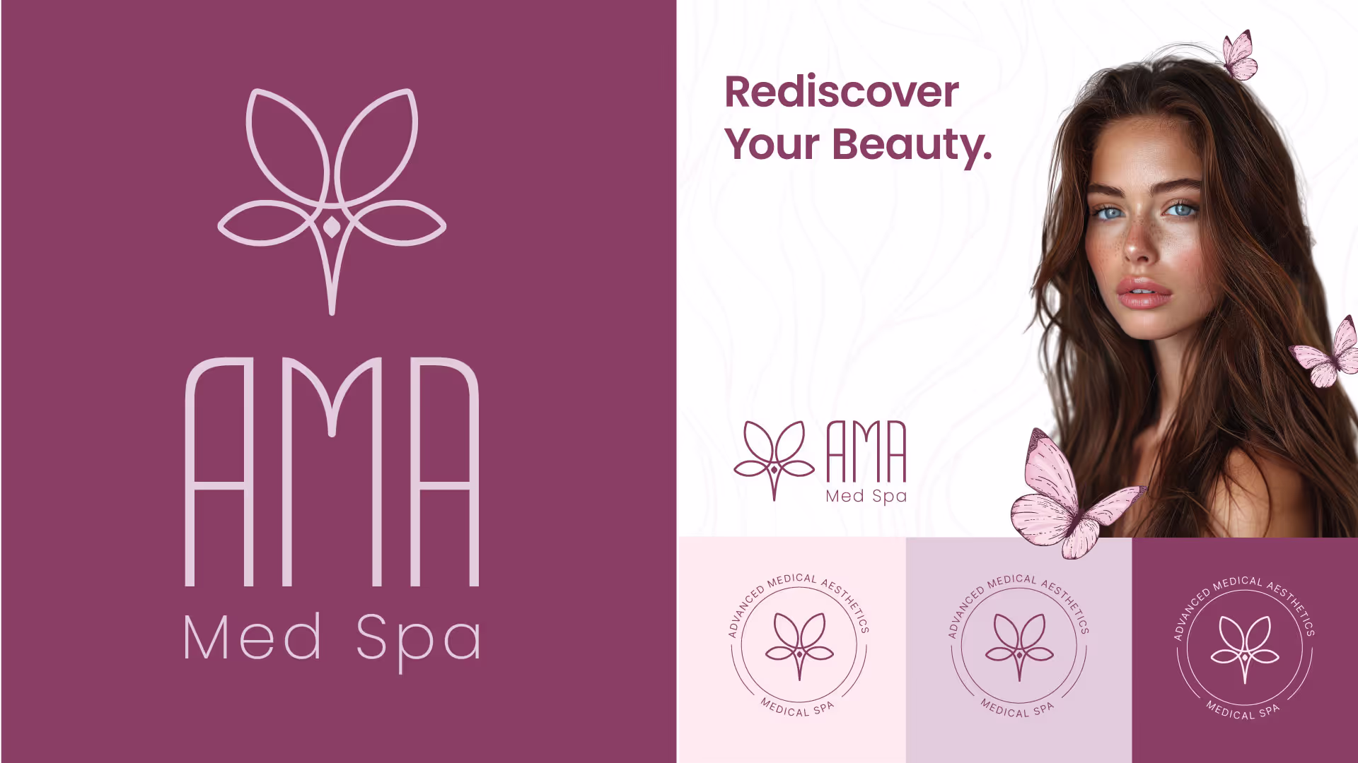 Branding design for AMA Med Spa featuring a modern, elegant logo with a butterfly motif and clean typography. The color palette centers around rich mauve tones with white and pastel accents. The left side showcases the logo prominently, while the right side includes the tagline 'Rediscover Your Beauty,' an image of a model with glowing skin surrounded by pink butterflies, and logo variations with circular badges. The design conveys sophistication and wellness.