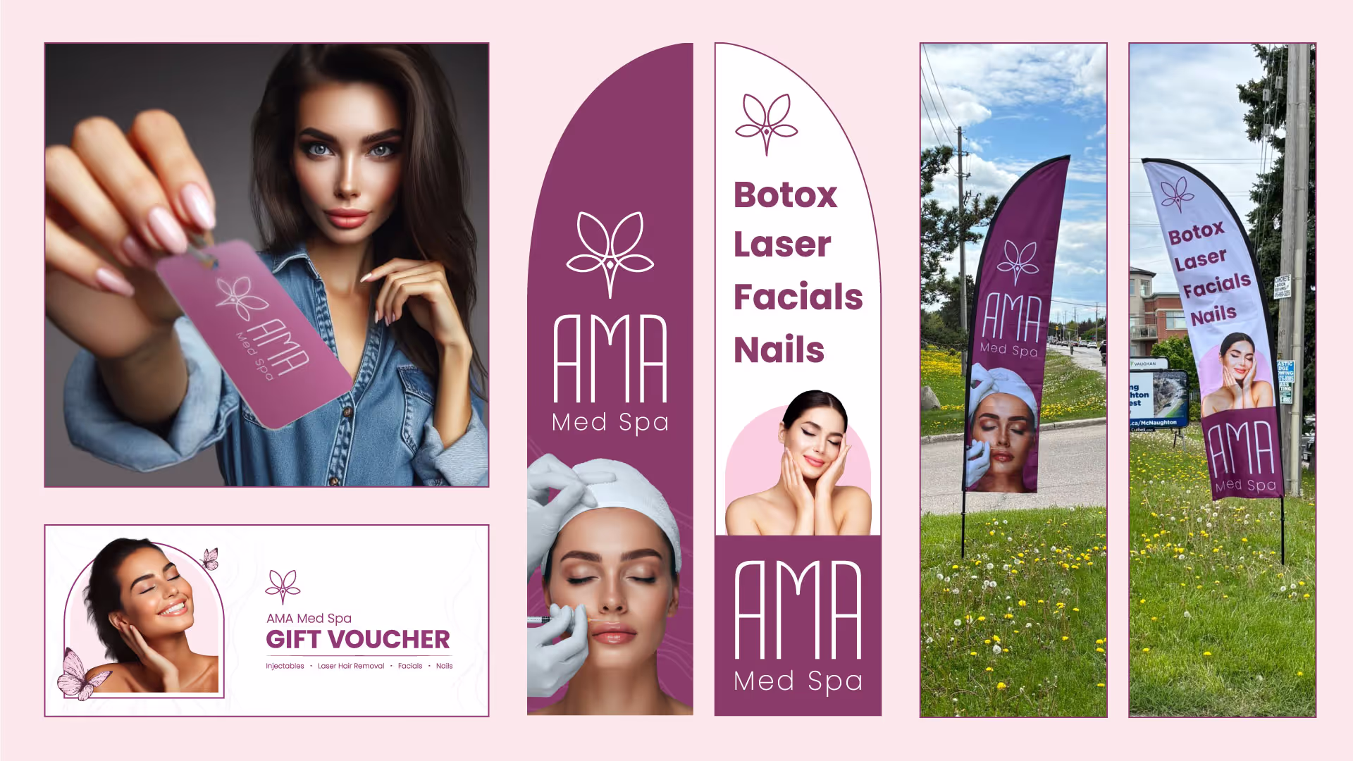 Marketing materials for AMA Med Spa featuring promotional items and outdoor branding. The design includes a model holding a branded card in mauve, a gift voucher with the tagline 'Injectables | Laser Hair Removal | Facials | Nails,' and feather flags displayed outdoors, advertising services like Botox, Laser, Facials, and Nails. The color palette integrates soft pinks and mauves, maintaining an elegant and professional tone. The branding highlights a clean and polished aesthetic, appealing to clients seeking medical spa services.