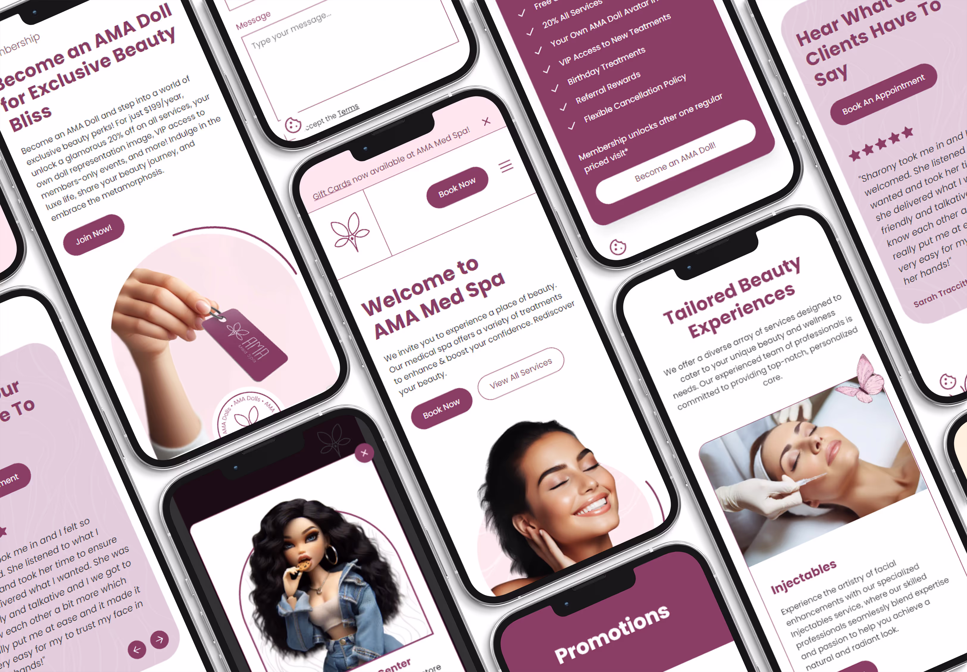 Phones arranged side-by-side with different images of AMA Med Spa website pages.