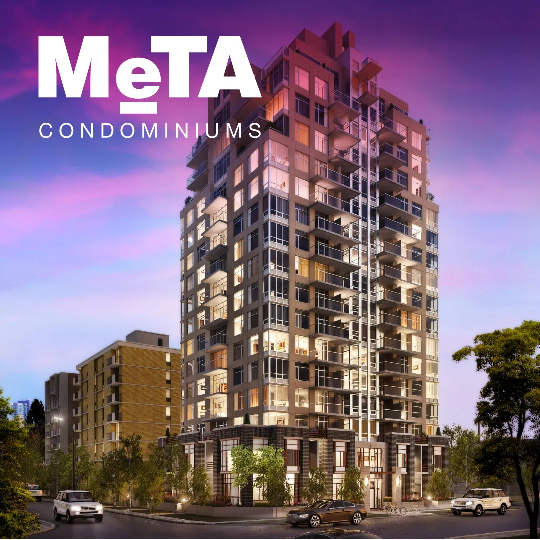 A high-rise residential building. The image shows the exterior of a modern, multi-story condominium building with a sleek, angular design. The building has numerous balconies and large windows that are illuminated from within, giving it a warm, inviting appearance against the backdrop of a vibrant purple and pink sky. Vehicles are visible in the foreground, suggesting an urban setting. The image aims to showcase the building's architectural design and the desirable living space it offers.