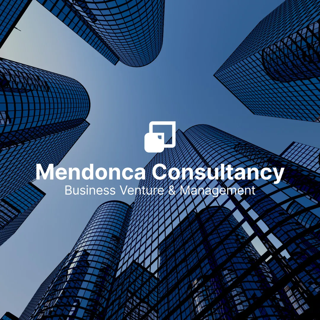 Mendonca Consultancy logo and tagline, "Business Venture & Management," over a backdrop of towering glass skyscrapers.
