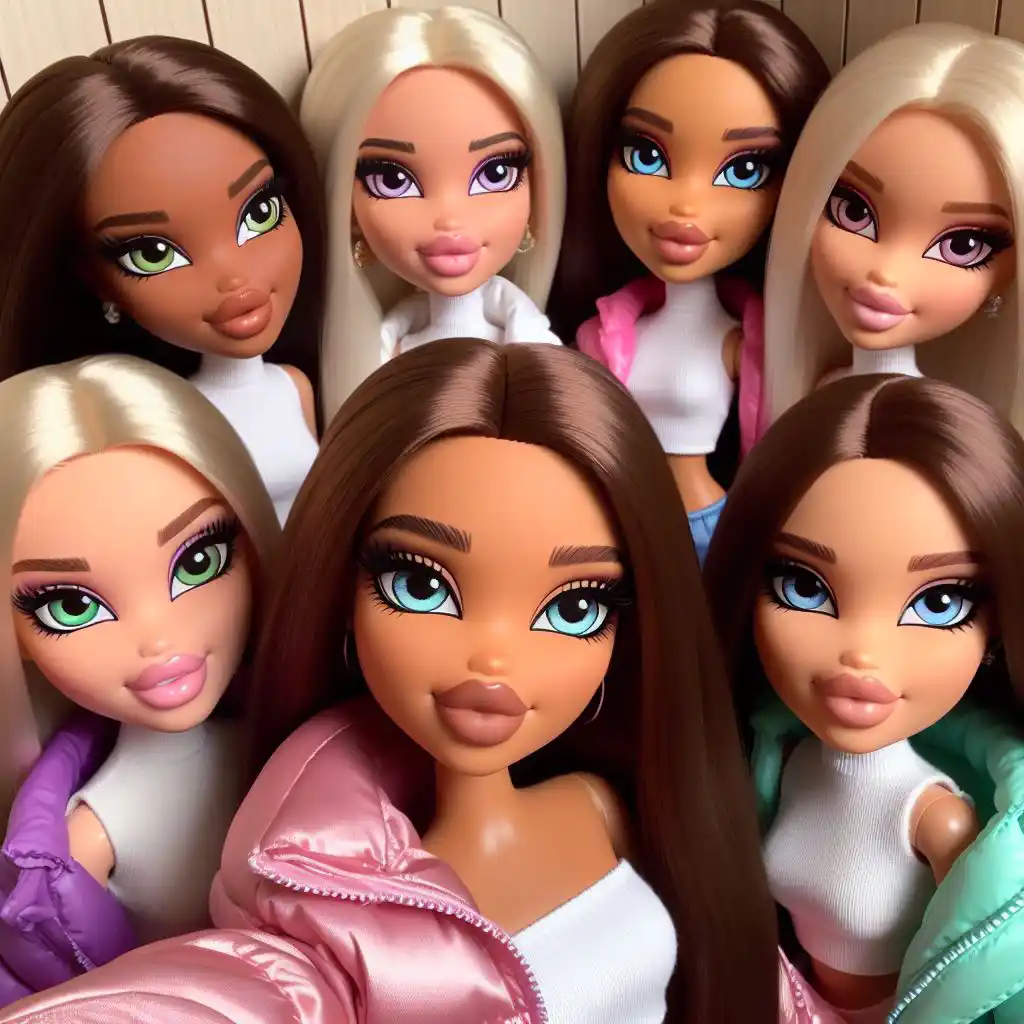 Group of stylish dolls with diverse skin tones, vibrant eyes, and sleek hair, posing together.