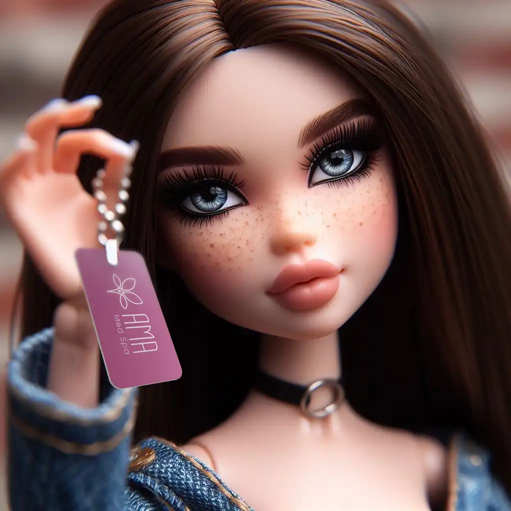 Close-up of a doll with freckles, blue eyes, and long brown hair holding a tag labeled 'AMA Med Spa.