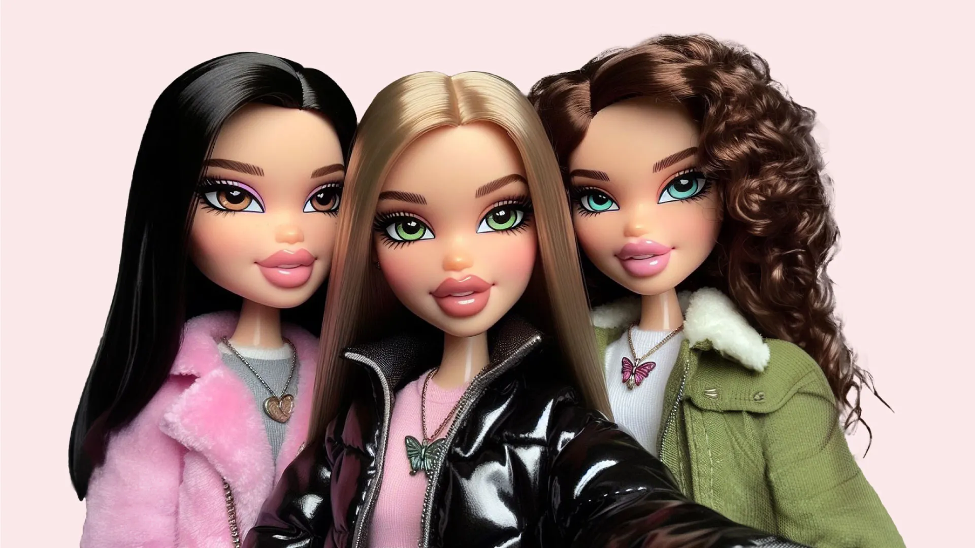 Three fashionable female dolls with distinct hairstyles and outfits. The doll on the left has long, straight black hair and is wearing a pink fuzzy coat. The doll in the middle has shoulder-length blonde hair and is wearing a black leather jacket. The doll on the right has long, curly brown hair and is wearing a green fuzzy sweater. All three dolls have large, expressive eyes and glossy, painted lips. The dolls are posed together against a plain pink background.