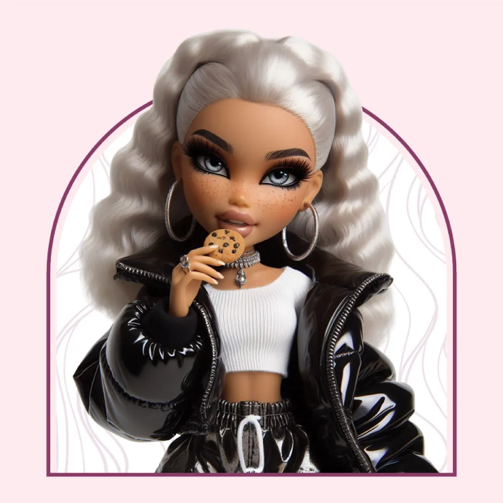 A stylized fashion doll with striking features and an edgy, contemporary look. The doll has long, platinum blonde curled hair, bold eye makeup, and is wearing a white crop top, black jacket, and dark jeans. She is holding a chocolate chip cookie and has a confident, almost defiant expression on her face. The image is framed by a purple border with a swirling pattern.