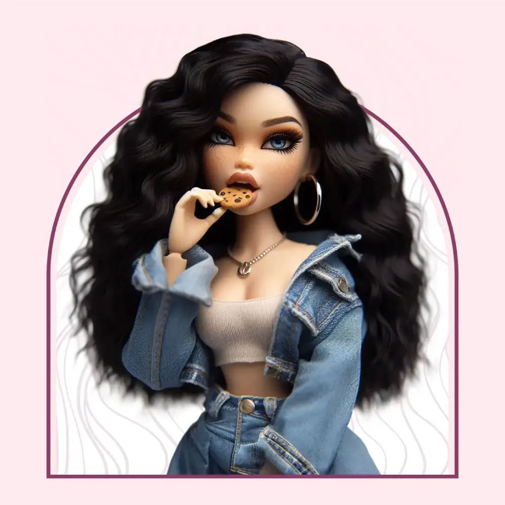 A highly stylized, fashion-forward doll with long, dark wavy hair, striking features, and a contemporary urban-inspired outfit. The doll has large, expressive eyes and is wearing makeup, a cropped tank top, and a denim jacket. She is pictured holding and eating a cookie. The image is set against a plain pink background, with a decorative pink and purple border frame.