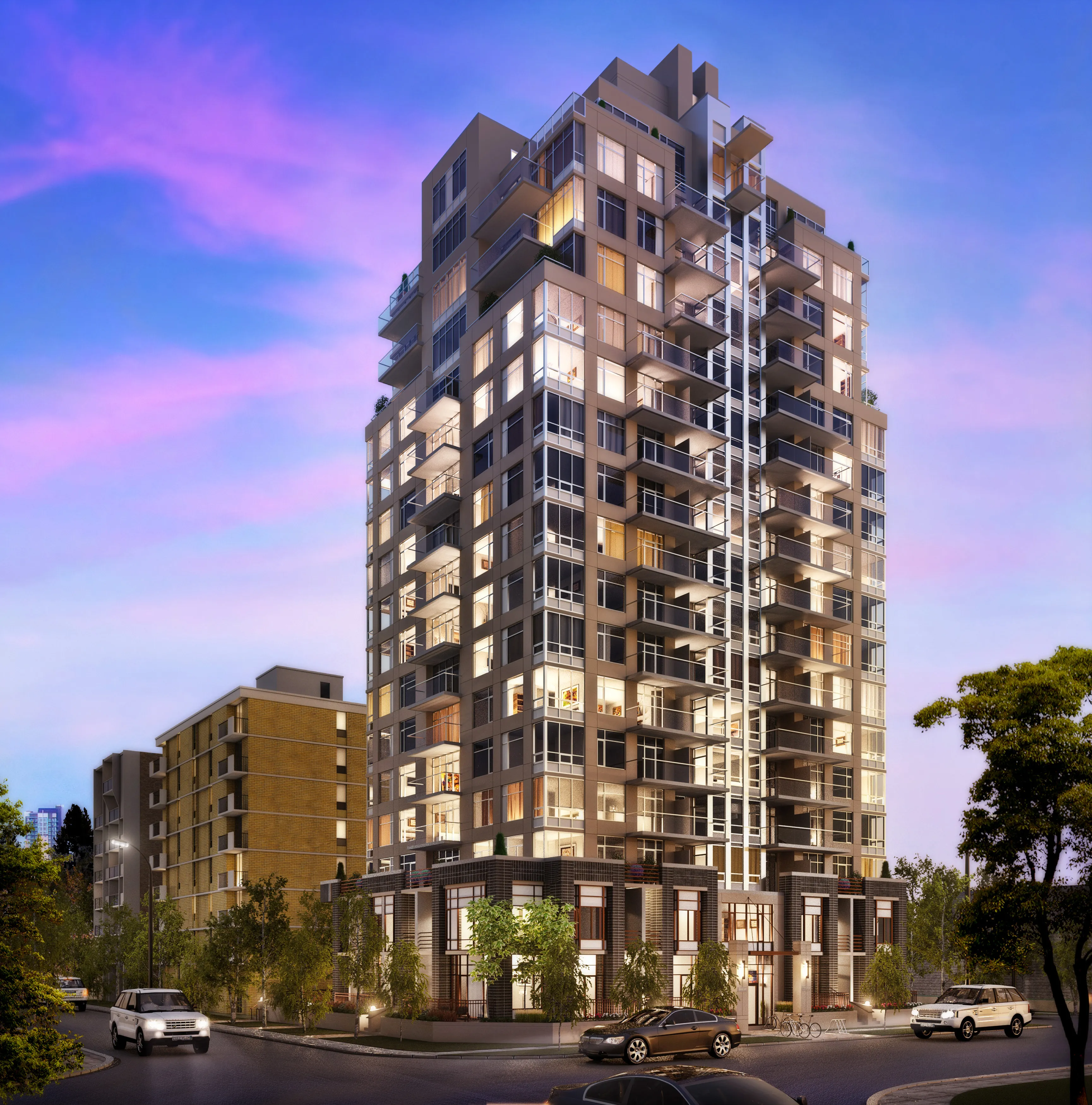 A high-rise residential building. The image shows the exterior of a modern, multi-story condominium building with a sleek, angular design. The building has numerous balconies and large windows that are illuminated from within, giving it a warm, inviting appearance against the backdrop of a vibrant purple and pink sky. Vehicles are visible in the foreground, suggesting an urban setting. The image aims to showcase the building's architectural design and the desirable living space it offers.