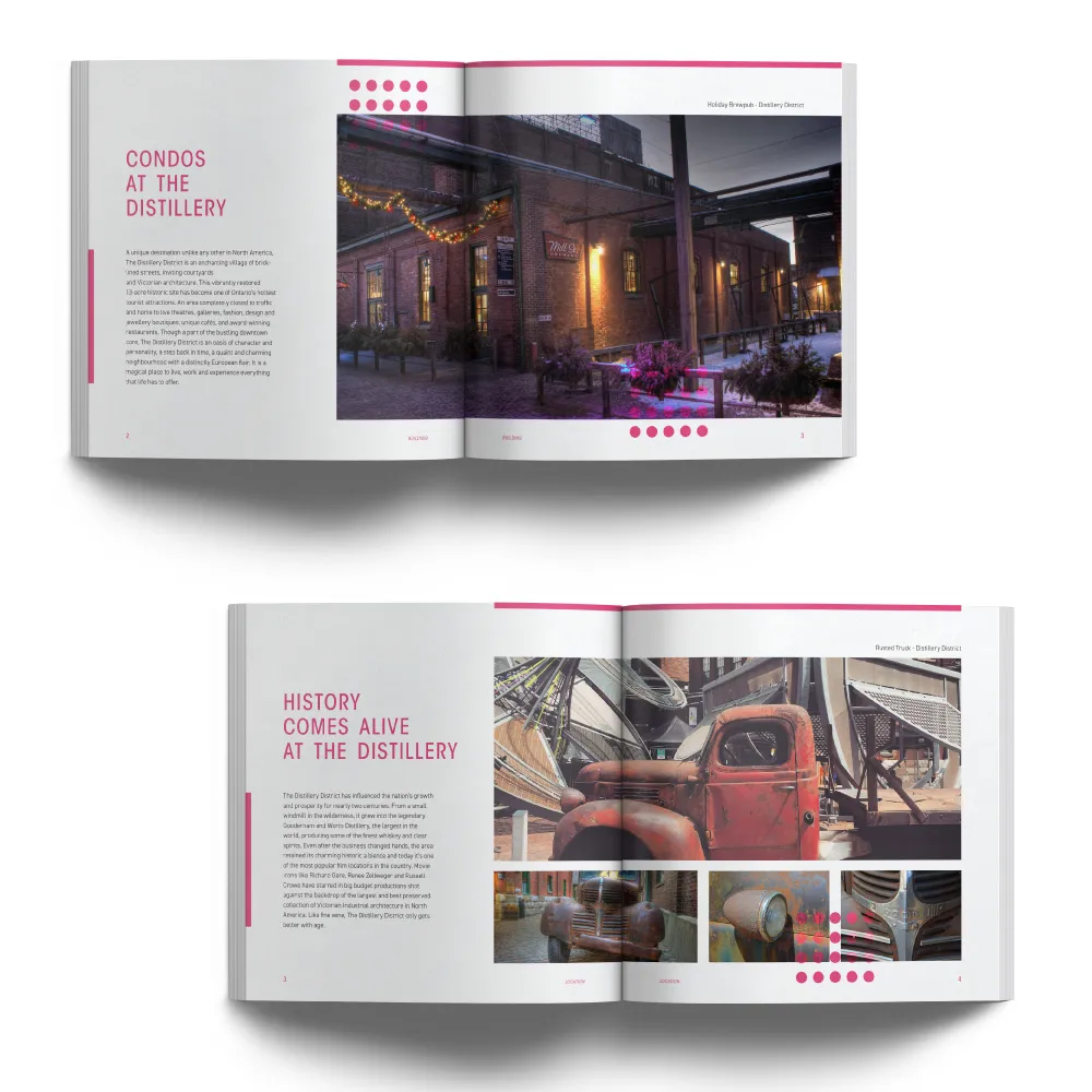 Open brochure showcasing "Condos at the Distillery," featuring historic brick buildings and "History Comes Alive" with vintage trucks.