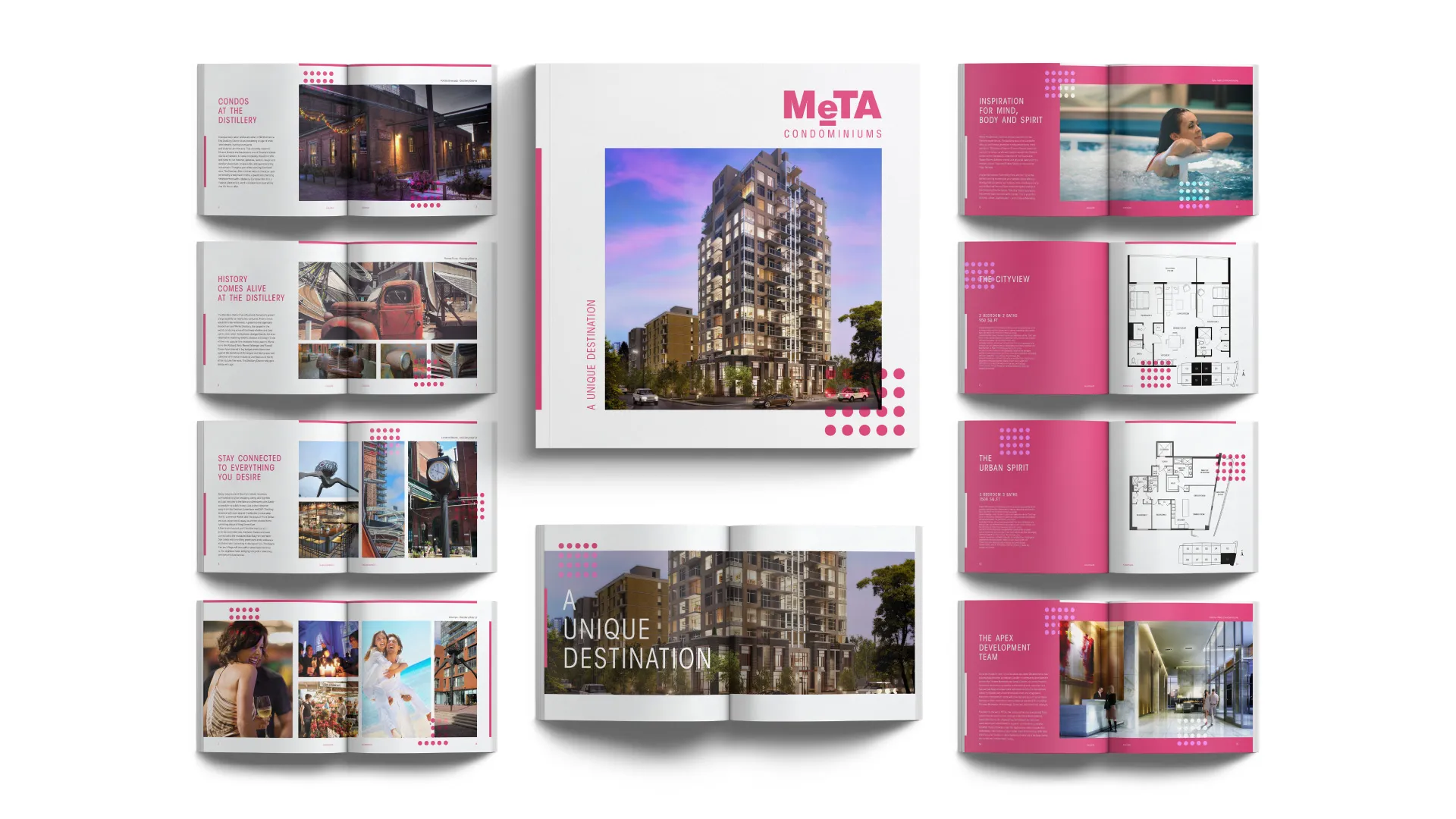 a full branding presentation for "MeTA Condominiums," including a cover with a modern architectural render and multiple interior spreads. The design prominently features a pink and white color scheme with a dotted graphic motif.