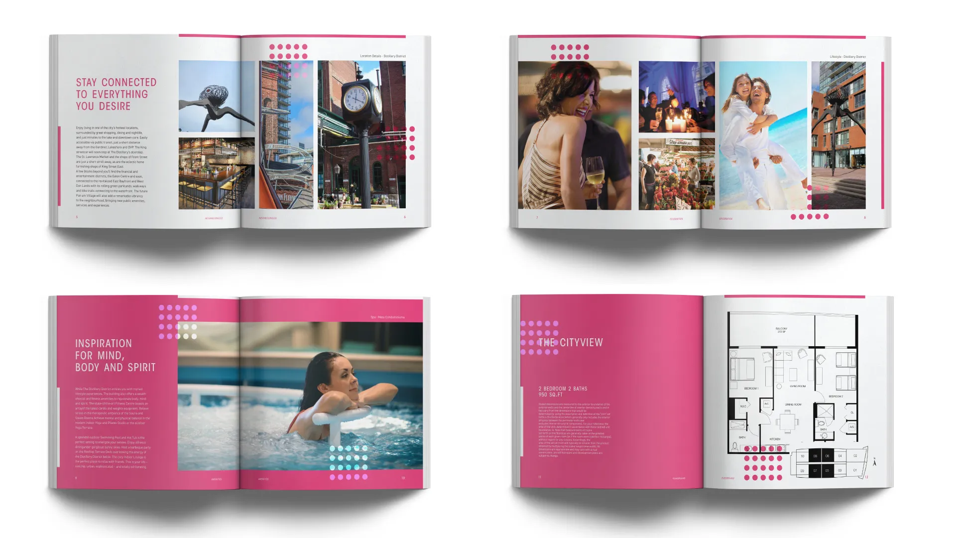 An open brochure layout featuring multiple spreads. The design uses pink as the primary color with accents of white and imagery, including lifestyle photos, architectural shots, and a floor plan.