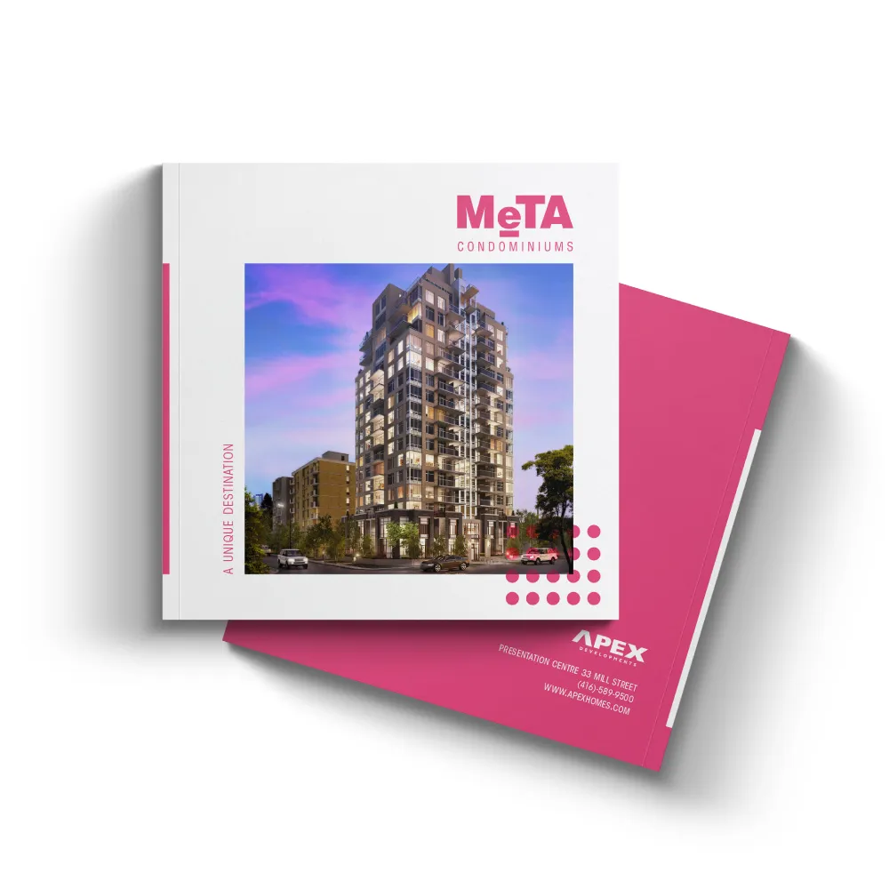 Promotional brochure for MeTA Condominiums showcasing a modern high-rise at sunset, tagline "A Unique Destination," by Apex Homes.