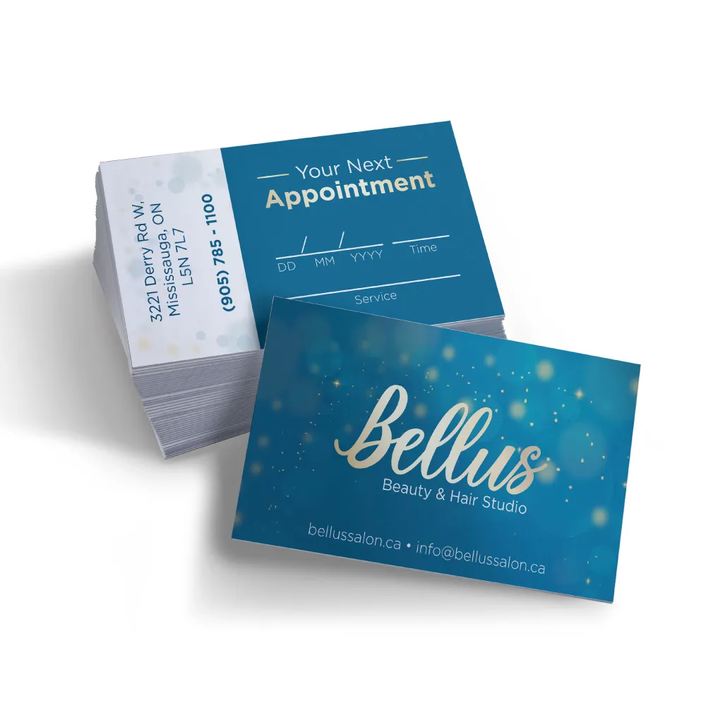 Appointment cards for Bellus Beauty & Hair Studio. The front features their logo and contact information (bellussalon.ca and info@bellussalon.ca) on a teal background with sparkles. The back shows appointment details with spaces for date and time, the salon's address, and phone number.