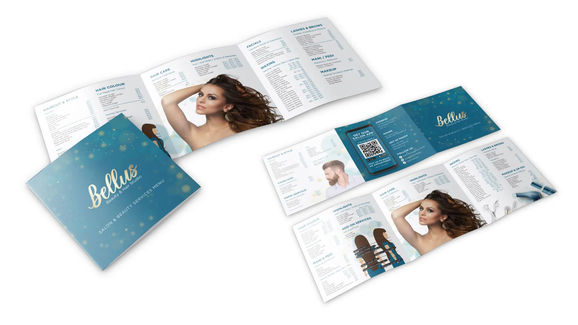 Service menus for Bellus Beauty & Hair Studio, showing both open and folded brochures with a teal and white color scheme. The menus list various services including haircuts, styling, color, highlights, waxing, and makeup with their prices. The brochures feature professional beauty photos and a QR code for online booking.