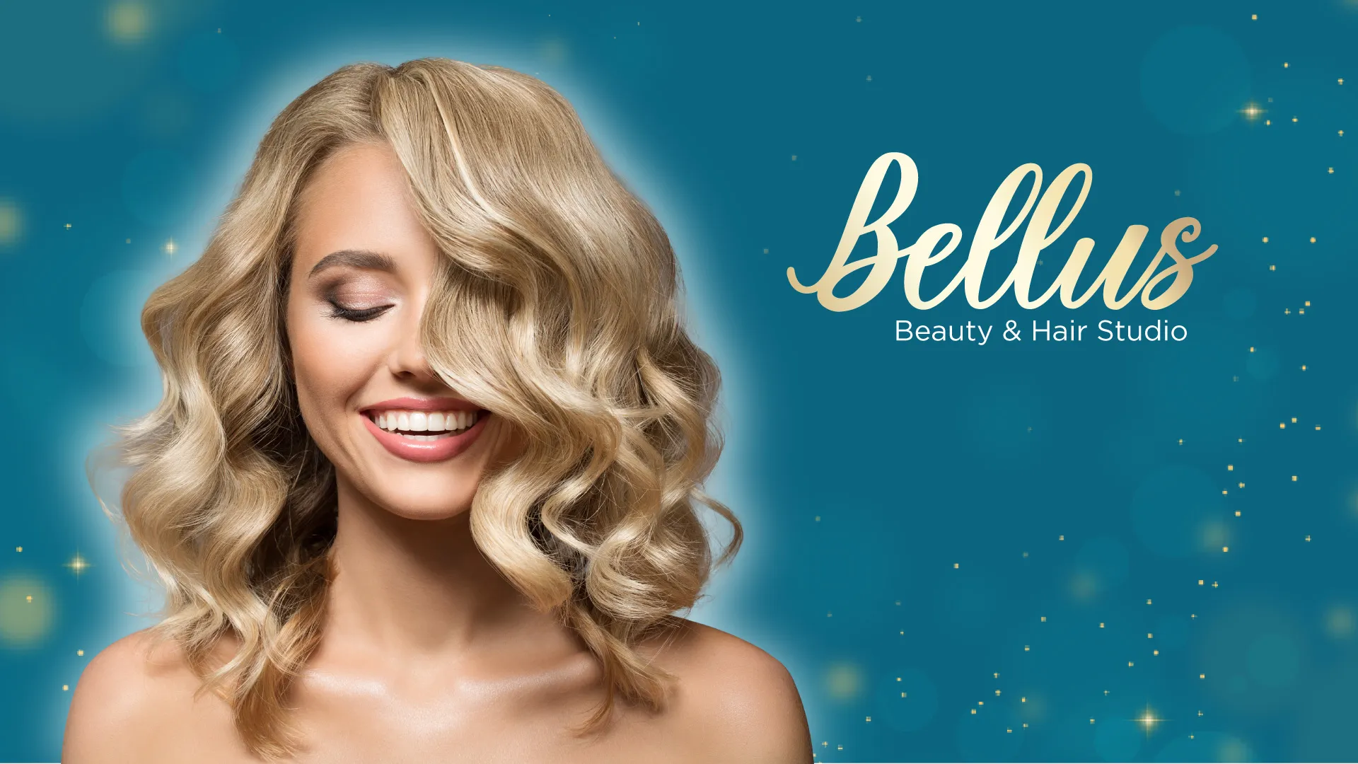 A marketing photo for Bellus Beauty & Hair Studio showing a smiling person with professionally styled blonde wavy hair against a teal background with sparkles. The salon's logo appears in gold lettering on the right side.