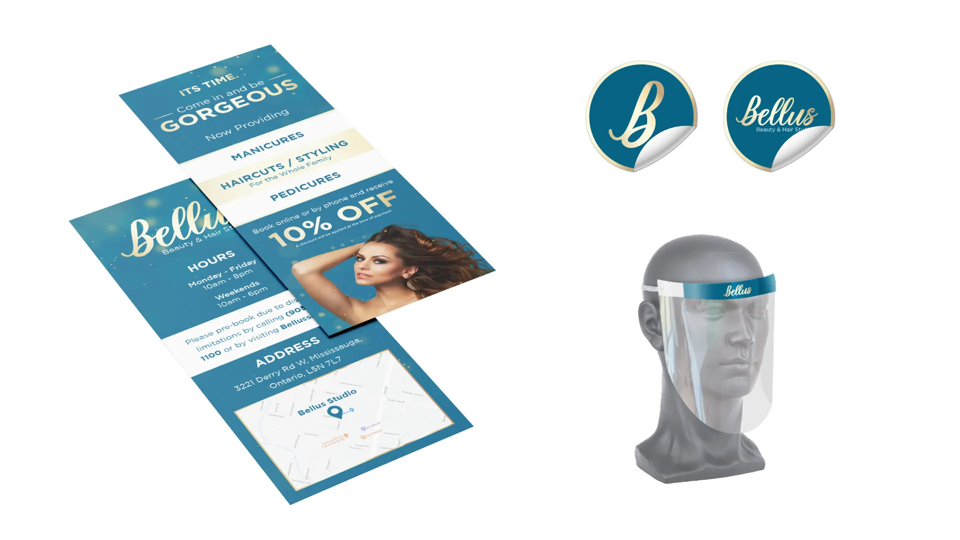 Marketing materials for Bellus Beauty & Hair Studio, including teal-colored promotional flyers advertising services (manicures, haircuts, and pedicures with 10% off), two circular logo stickers, and a protective face shield with the Bellus branding on the headband.