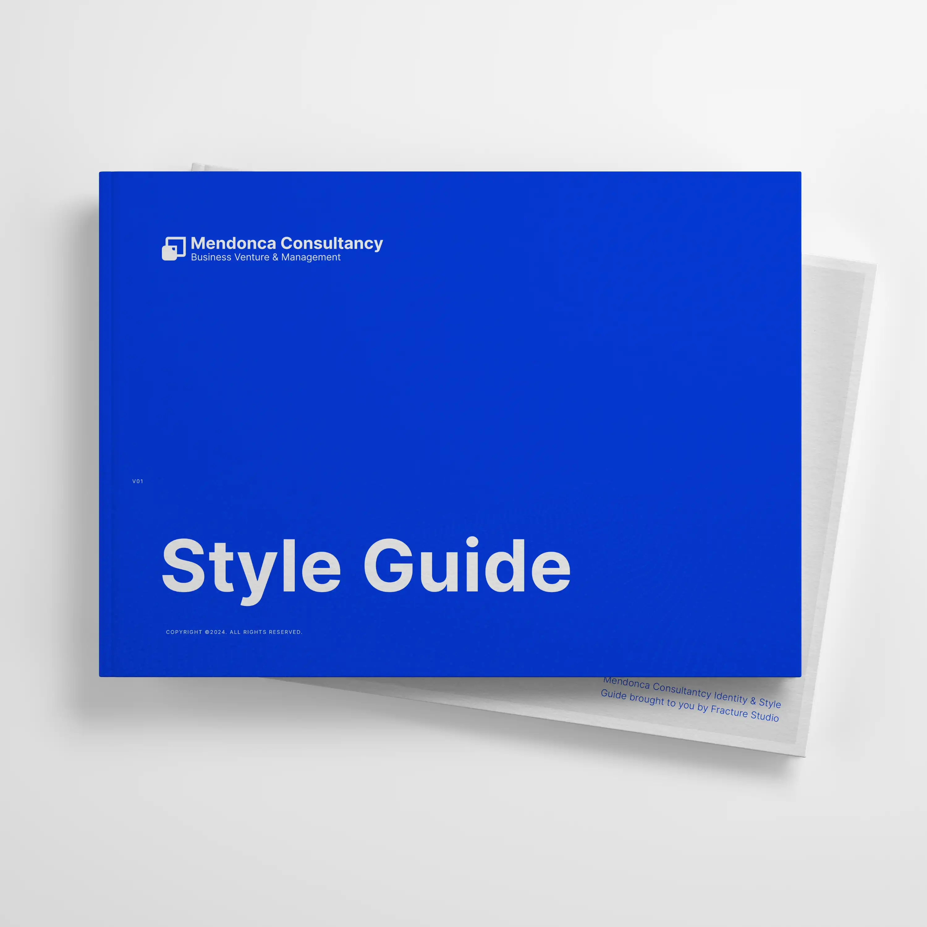 Mendonca Consultancy Style Guide cover in blue, featuring the company logo, tagline "Business Venture & Management," and bold title.