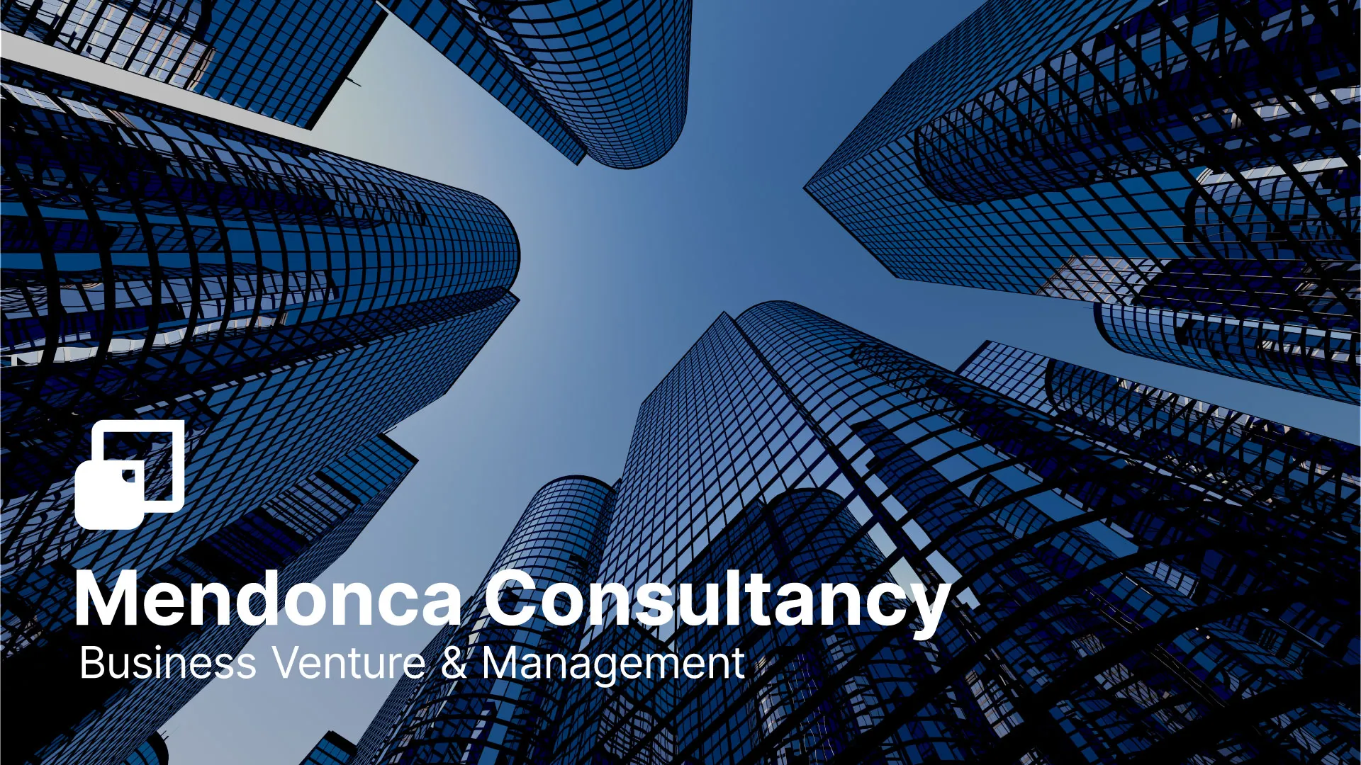 Mendonca Consultancy logo and tagline, "Business Venture & Management," over a backdrop of towering glass skyscrapers.
