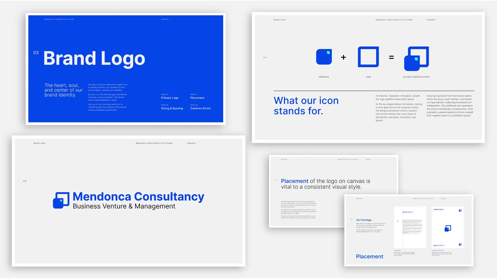 A style guide for Mendonca Consultancy showcasing brand logo, icon meaning, placement, and visual identity guidelines.
