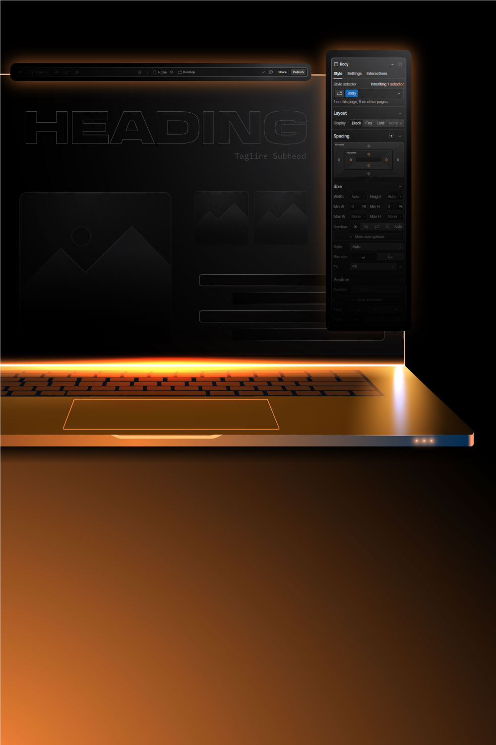 Futuristic interface with a dark theme and glowing orange highlights, featuring sleek panels and subtle navigation elements.