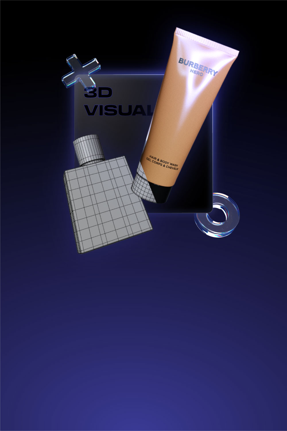 Beauty product display featuring a lotion tube and a square perfume bottle on a gradient blue background with decorative elements.