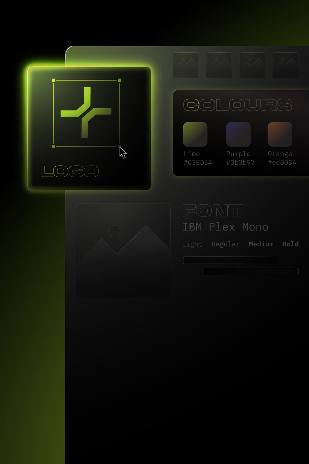 Dark-themed interface with glowing green accents, featuring a highlighted icon resembling a stylized "X" and navigation elements.