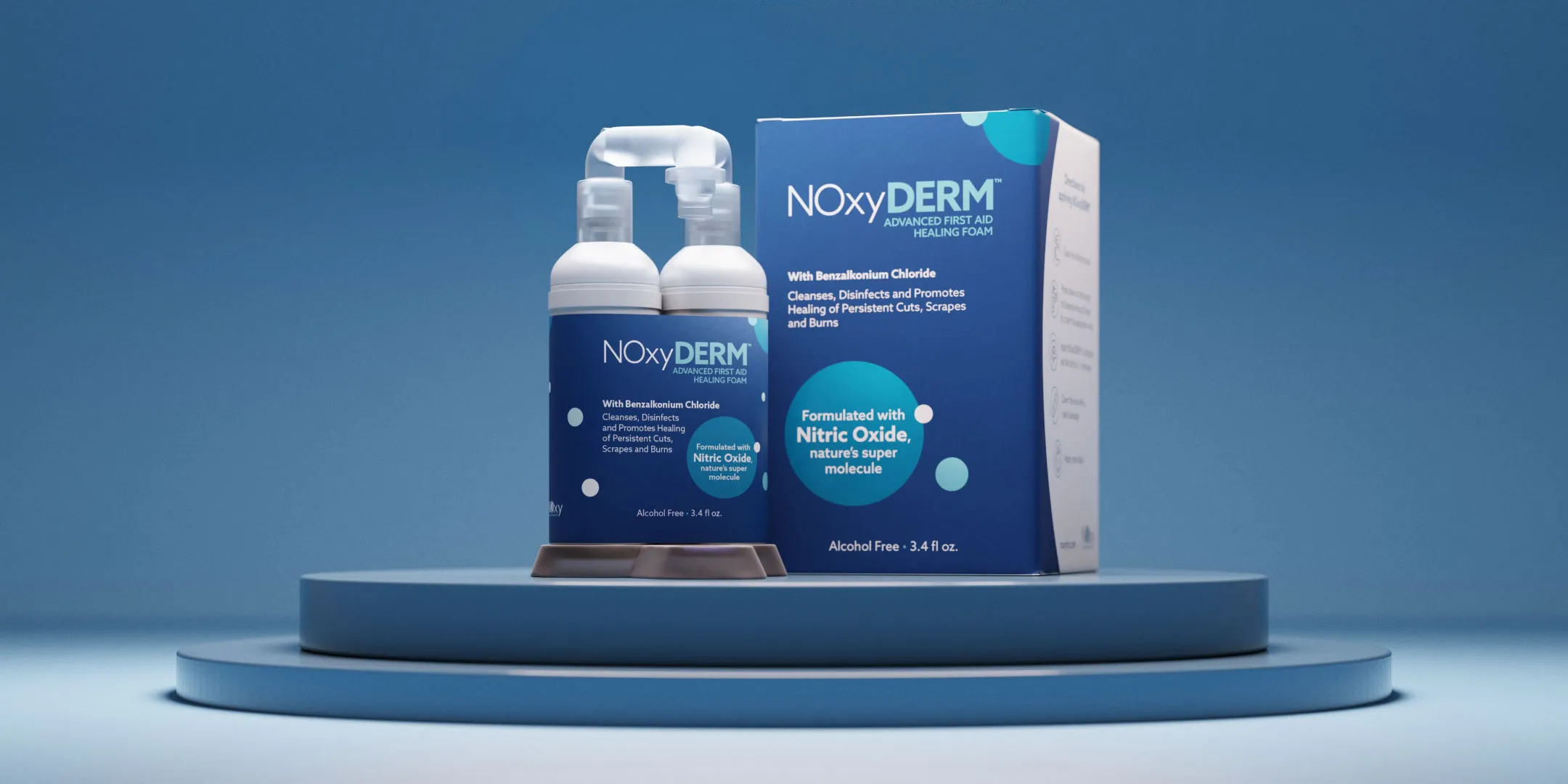 NOxyDERM first aid healing foam product with packaging and bottles displayed on a blue background.