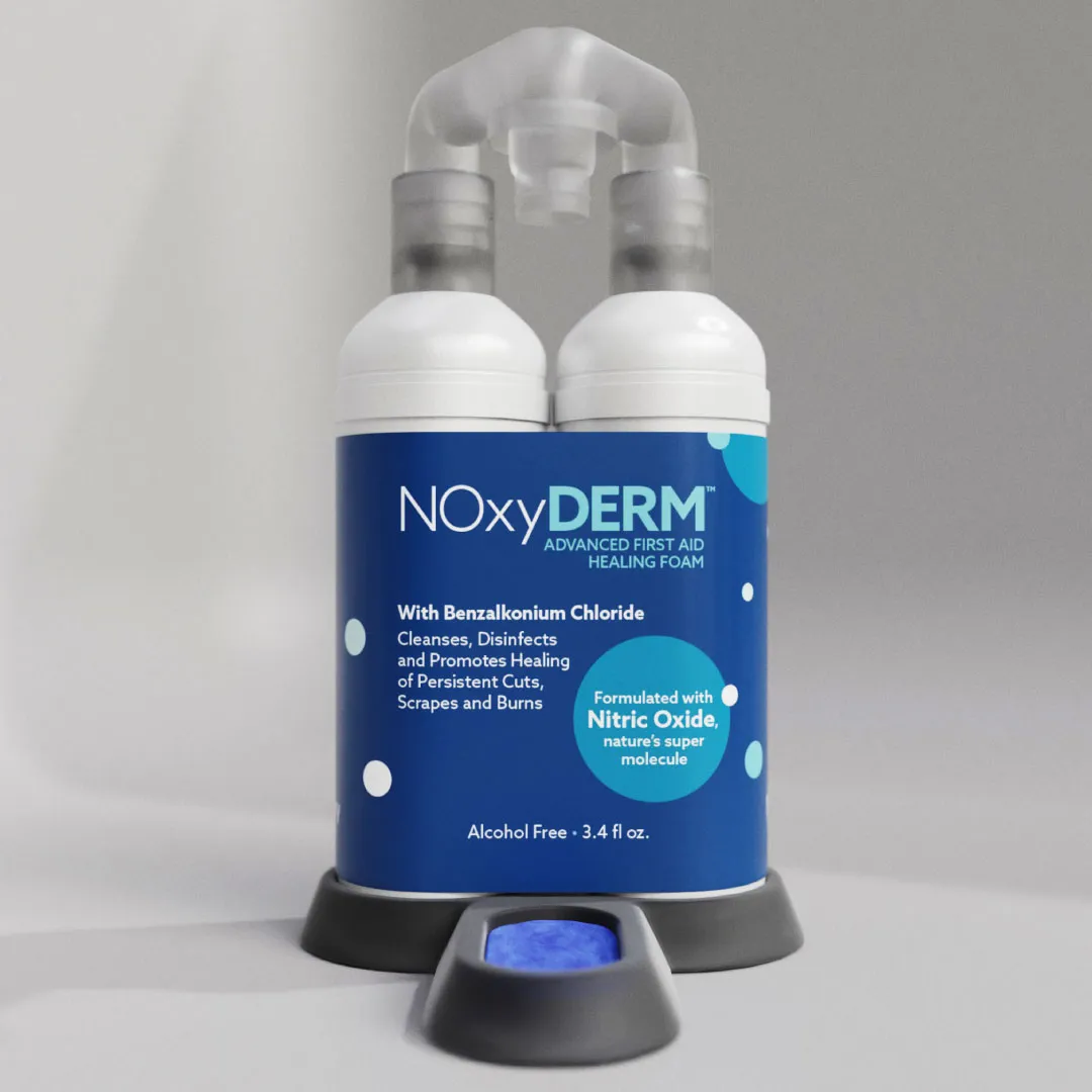 Bottle of NOxyDERM Advanced First Aid Healing Foam with Benzalkonium Chloride, alcohol-free, 3.4 fl oz.