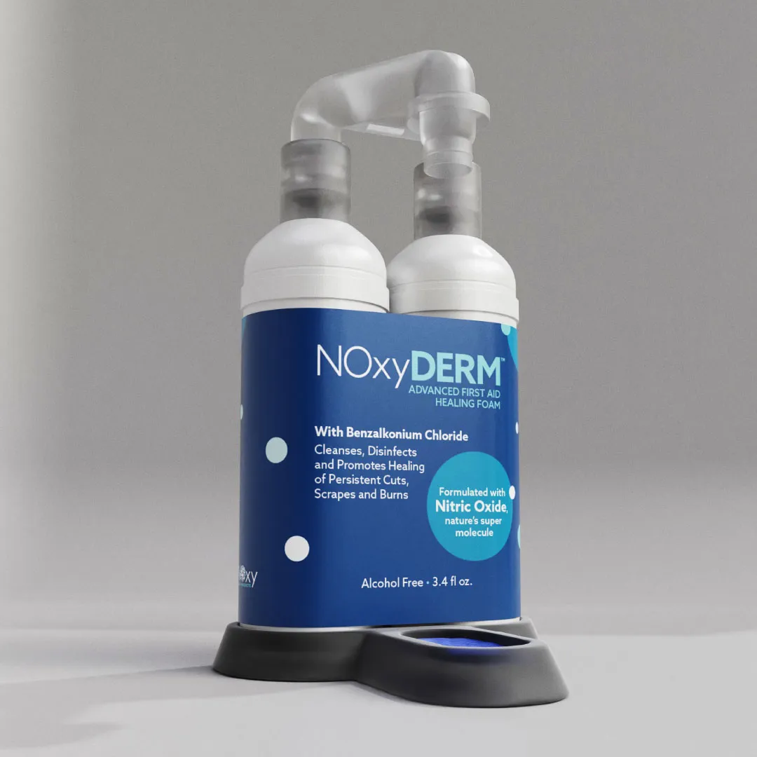 Side-view of NOxyDERM Advanced First Aid Healing Foam with Benzalkonium Chloride, alcohol-free, 3.4 fl oz.