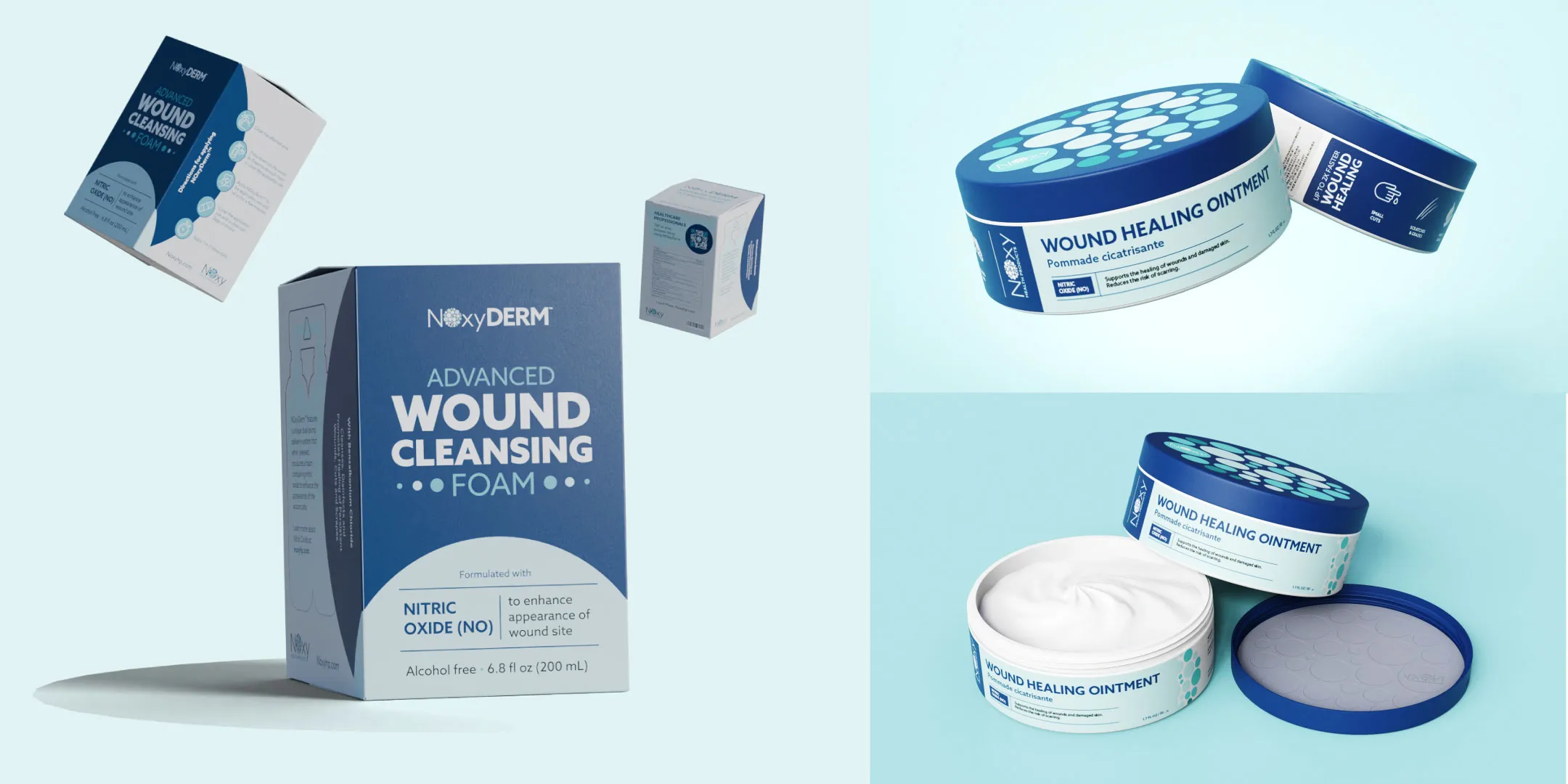 NoxyDERM wound care products: a blue box of Wound Cleansing Foam (200mL) containing nitric oxide, and a white jar of Wound Healing Ointment with blue lid shown both closed and open.