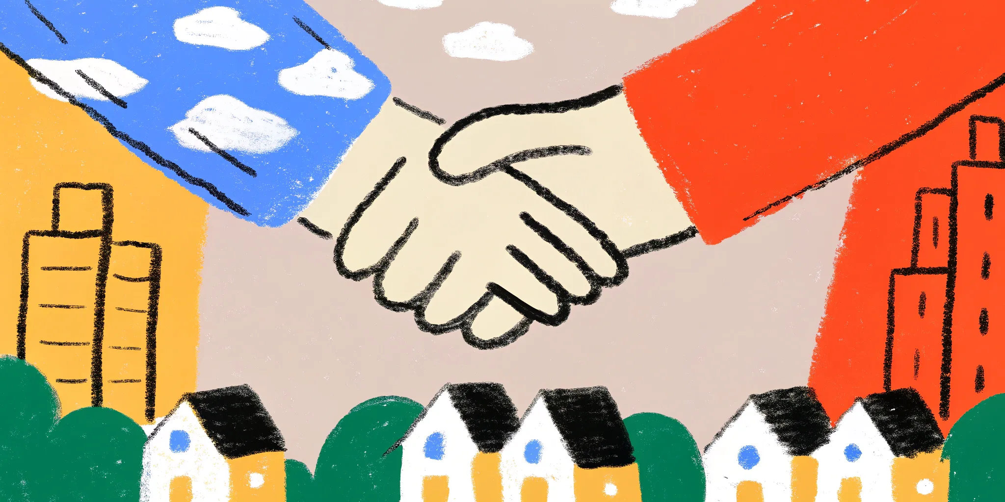A landlord and tenant shaking hands over houses after a successful background check.