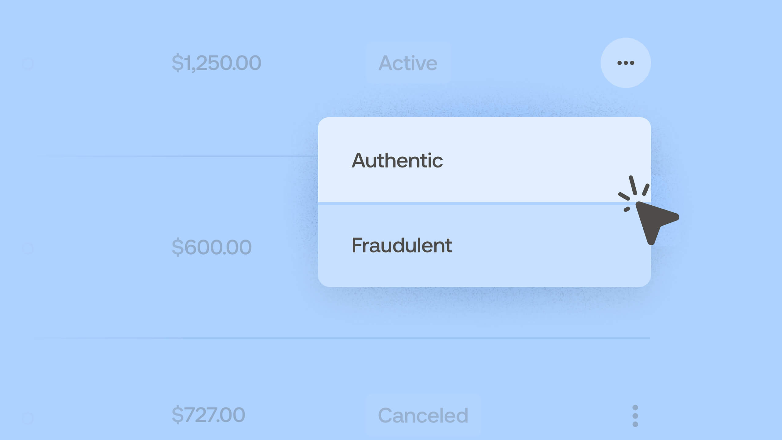 UI showing a dropdown with options to mark a document as authentic or fraudulant.