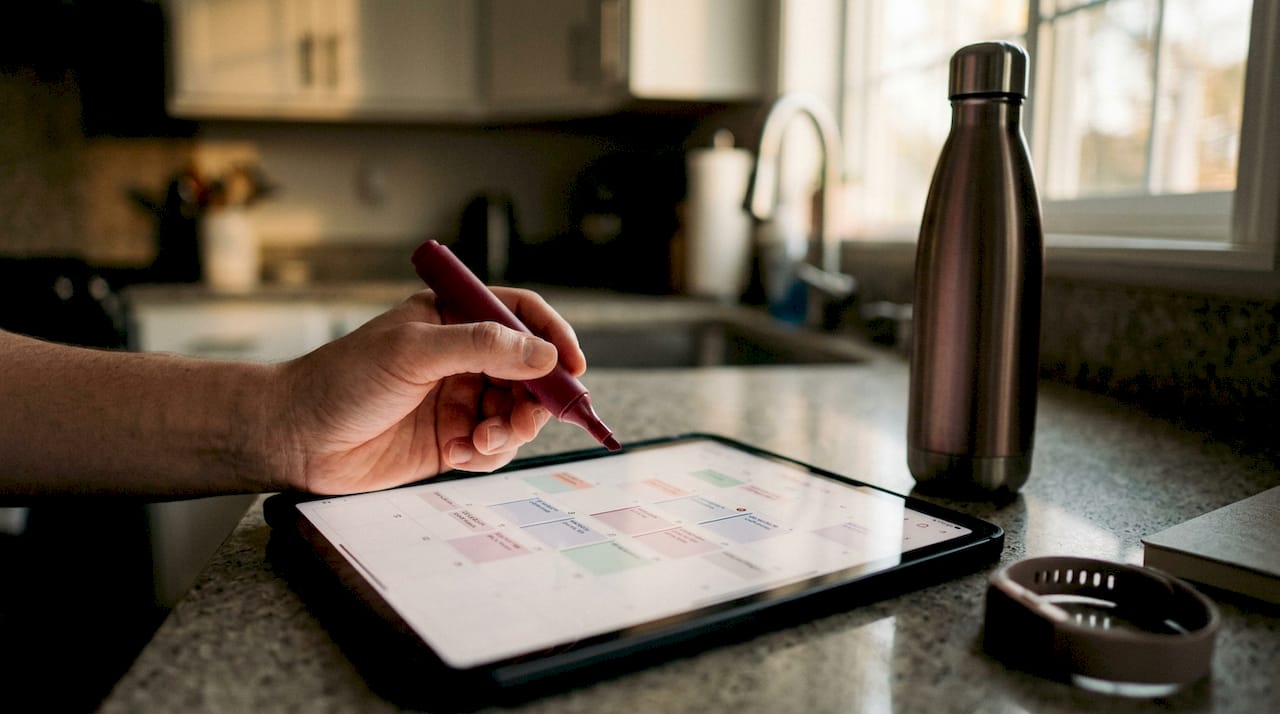 Hand blocking workout time slots on planner