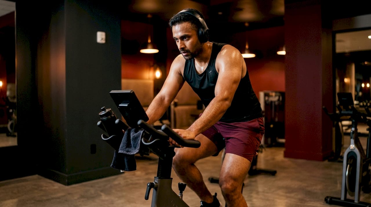 Man training on elliptical machine indoors