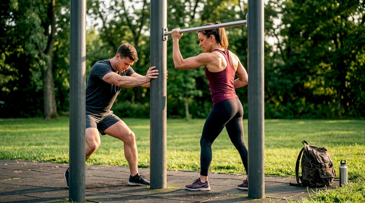 Trainer guiding athlete in overcoming isometric exercise