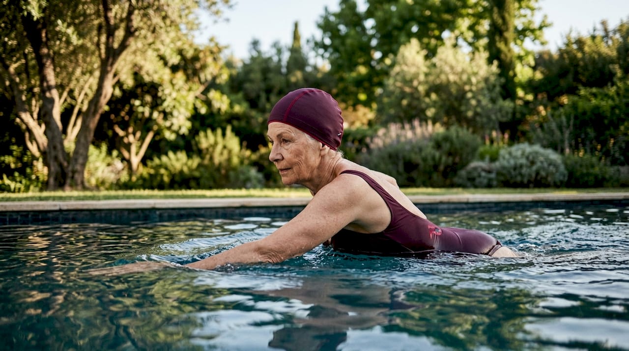 Senior woman swimming laps in indoor pool