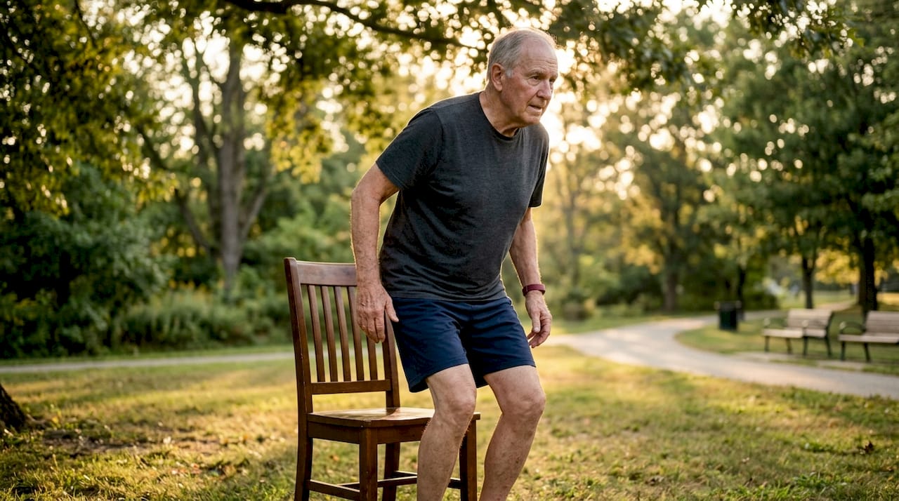 Senior man doing chair stand fitness test