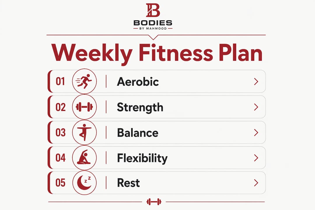 Infographic showing weekly fitness plan steps for seniors